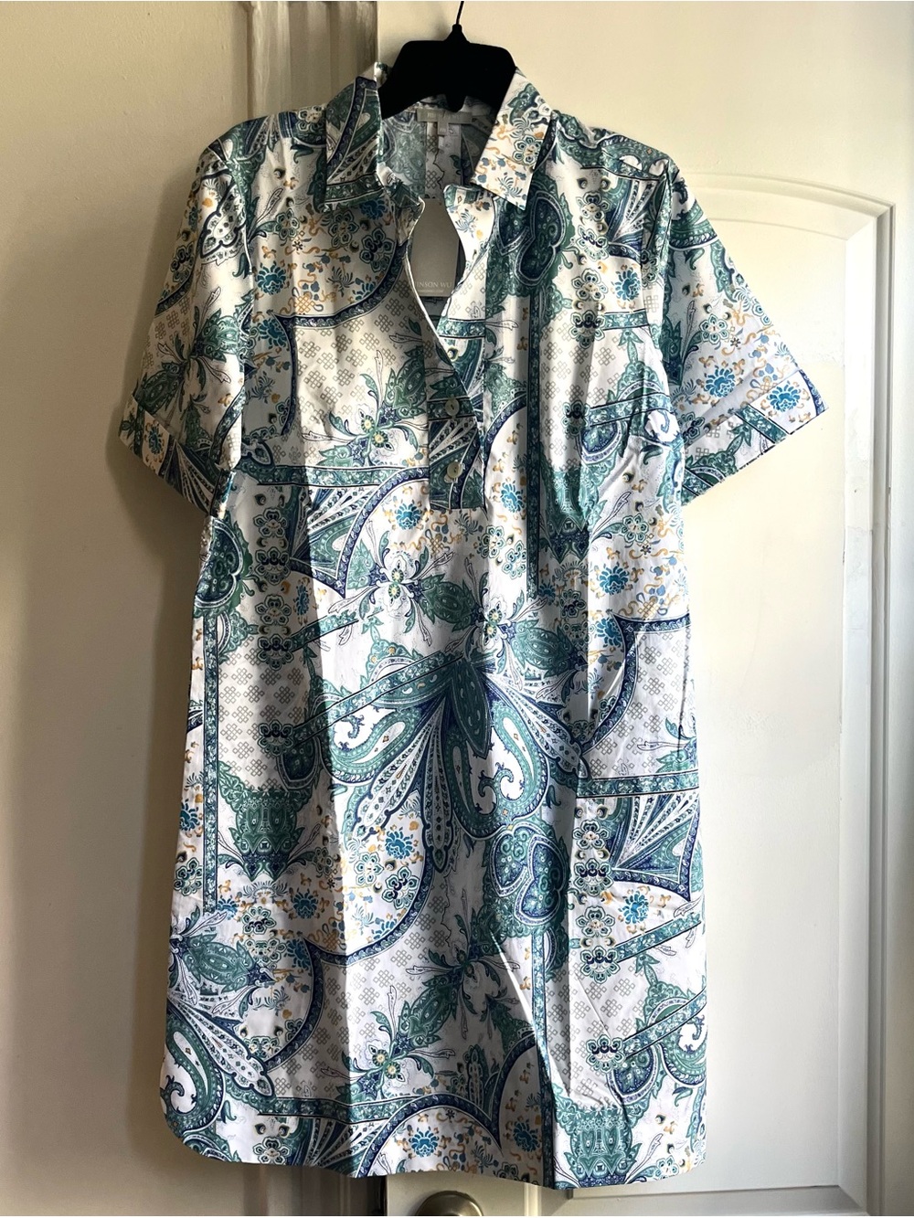 HINSON WU AILEEN Paisley Printed Collared Shirt Dress in White, Green & Blue M